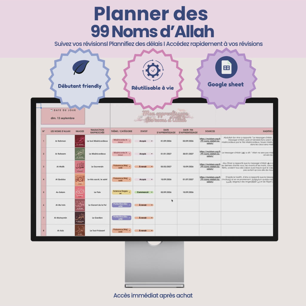 Planner révisions des 99 noms d'Allah